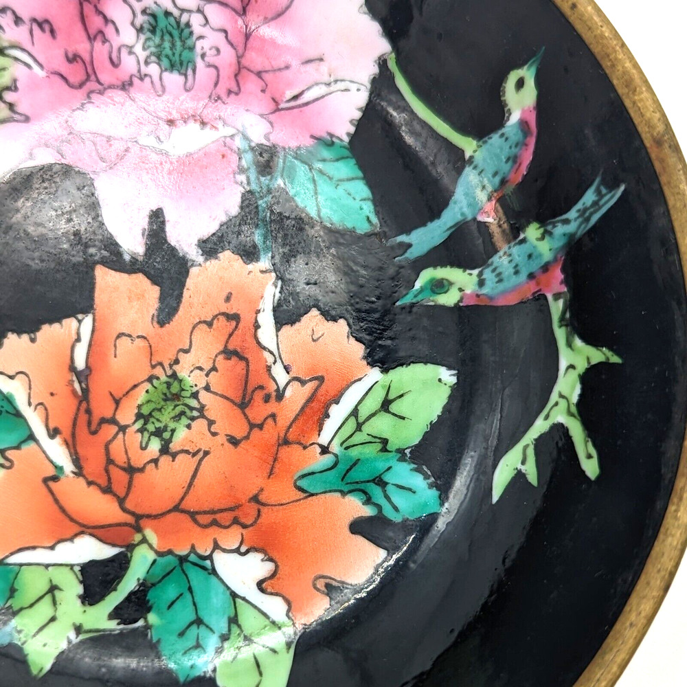 Porcelain Brass Cased Bowl Hand Painted Chinese Floral w Birds Black 1930-1940 - Picture 5 of 8